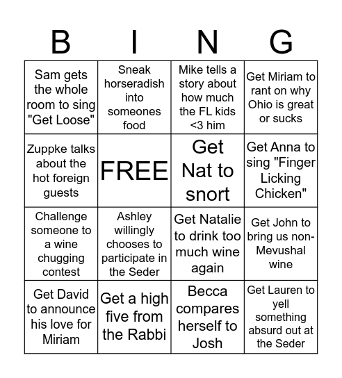 Seder BINGO (Luger) Bingo Card