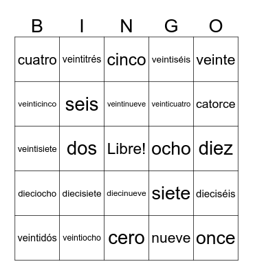 Spanish Numbers 0-30 Bingo Card