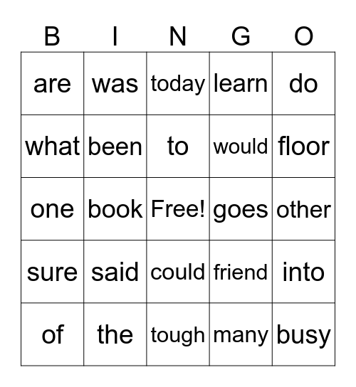 Heart Words Bingo Card