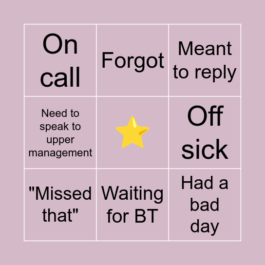 Liam Excuses Bingo! Bingo Card