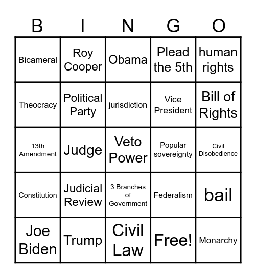 Welcome to Civics Bingo Card