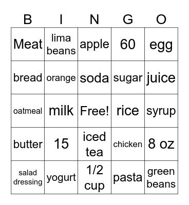 Nutrition Bingo Card