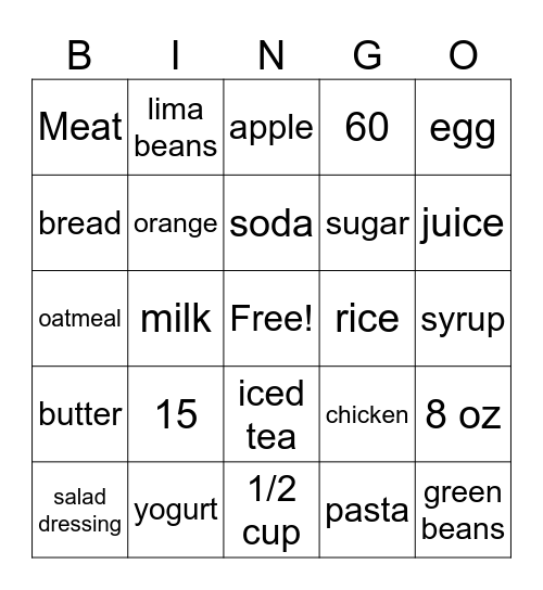 Nutrition Bingo Card