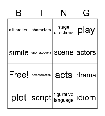Figurative Language and Drama Bingo Card