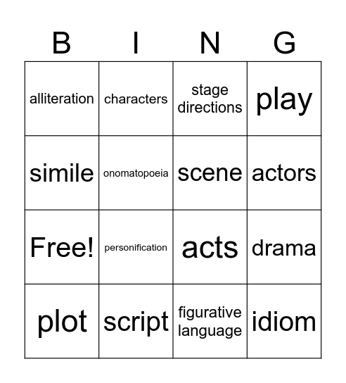 Figurative Language and Drama Bingo Card
