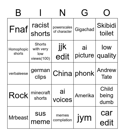 Shorts Bingo Card