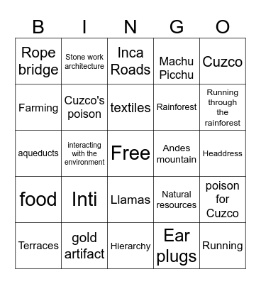 Inca Empire - Emperors New Groove Bingo Card