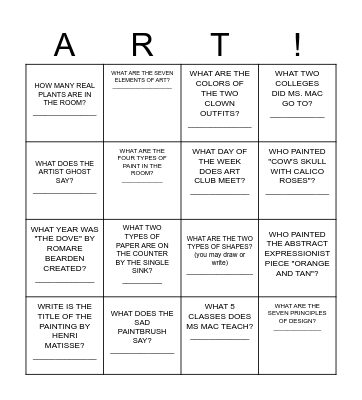CLASSROOM Bingo Card