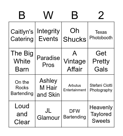 BWB Open House Bingo! Bingo Card