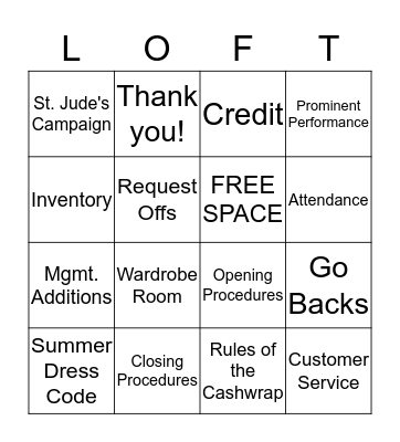 Store Meeting Bingo Card