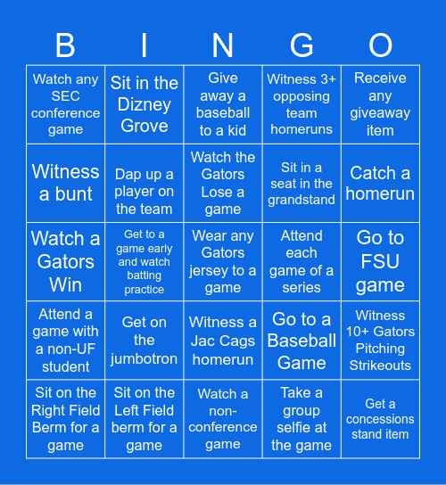 2024 Florida Gators Baseball Bingo Card