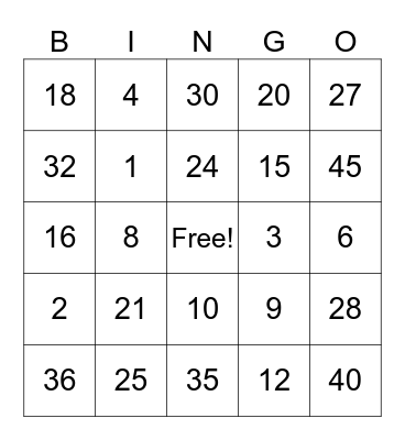 Multiplication Bingo Card