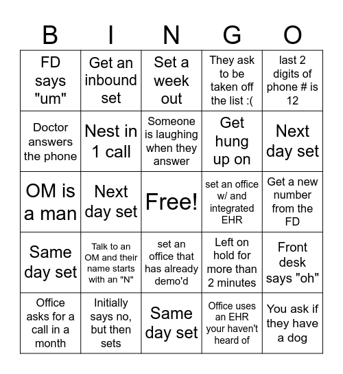 Phone Call Bingo Card