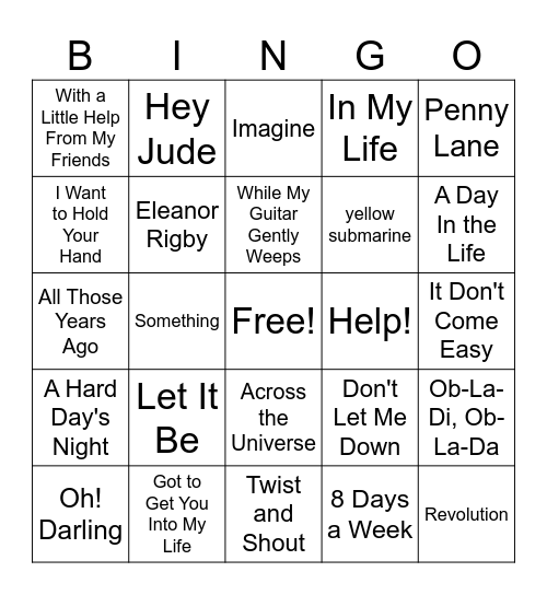 Beatles Bingo Card