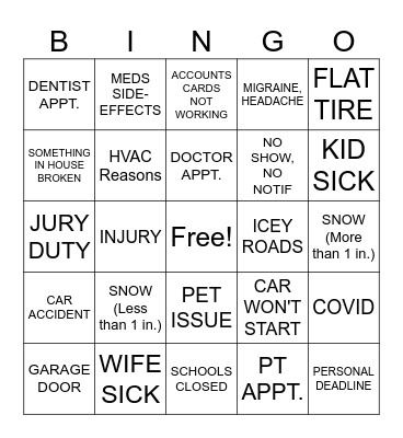 OOF REASONS Bingo Card