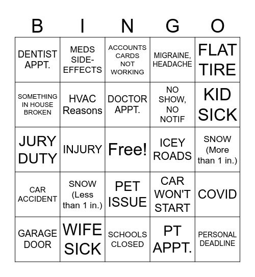 OOF REASONS Bingo Card