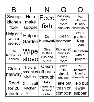 Pierce's Chore BINGO Card