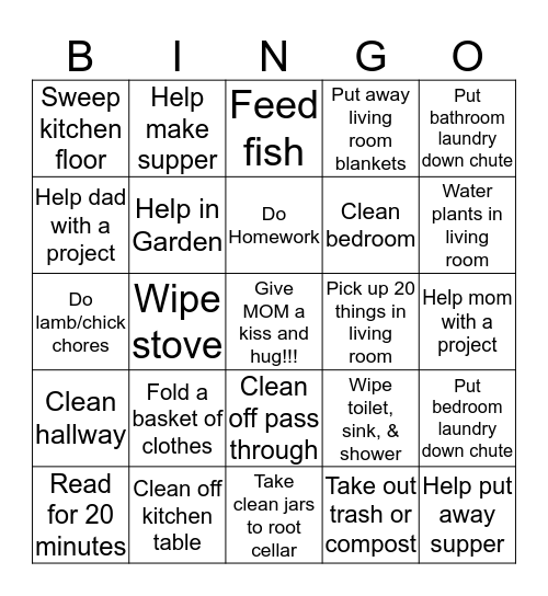 Pierce's Chore BINGO Card