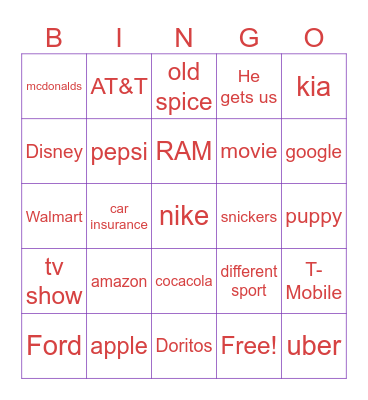 Super Bowl Commercials Bingo Card