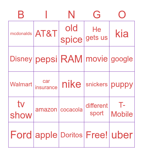 Super Bowl Commercials Bingo Card