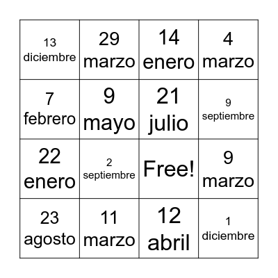 Mi cumpleaños es el __ de ___ Bingo Card