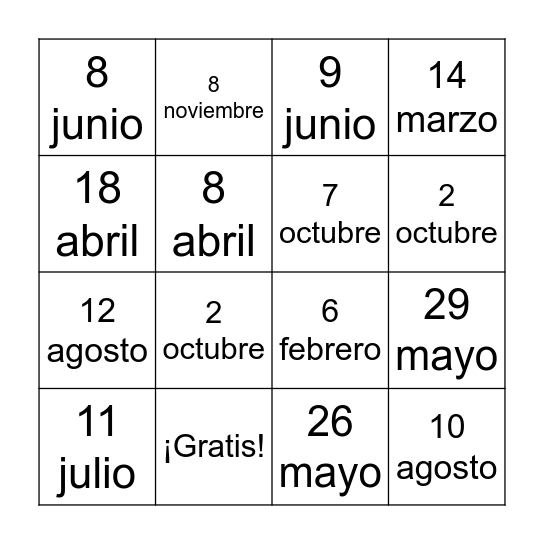 Mi cumpleaños es el __ de ___ Bingo Card