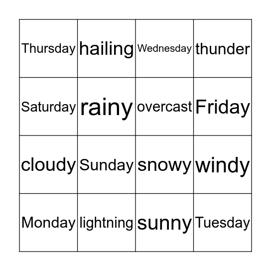 Days & weather Bingo Card