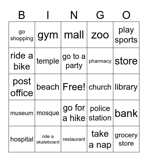 Places Bingo Card