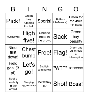 49ers Vs Packers Bingo Card