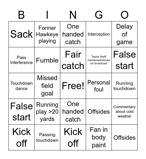 Gameday Bingo Card