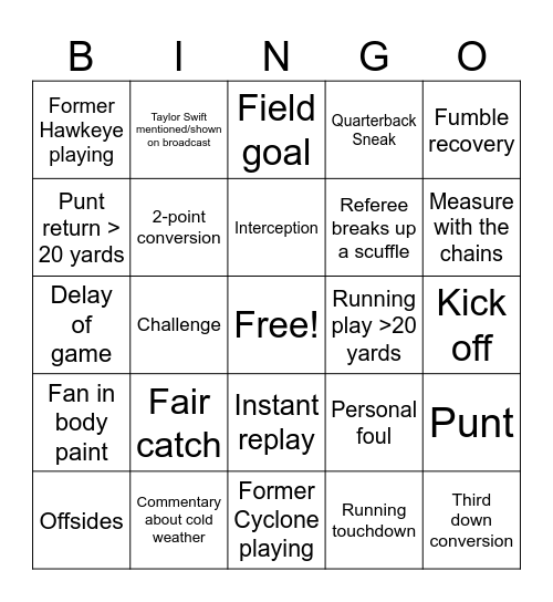 Game Day Bingo Card