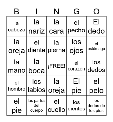 Partes del Cuerpo Bingo Card