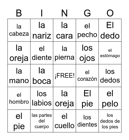 Partes del Cuerpo Bingo Card