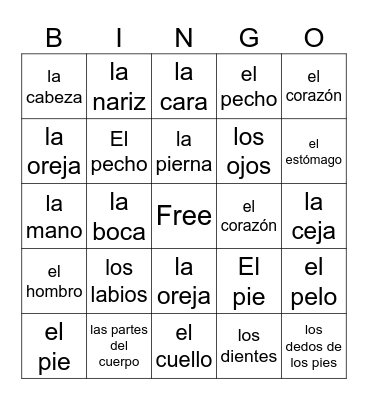 Partes del Cuerpo Bingo Card