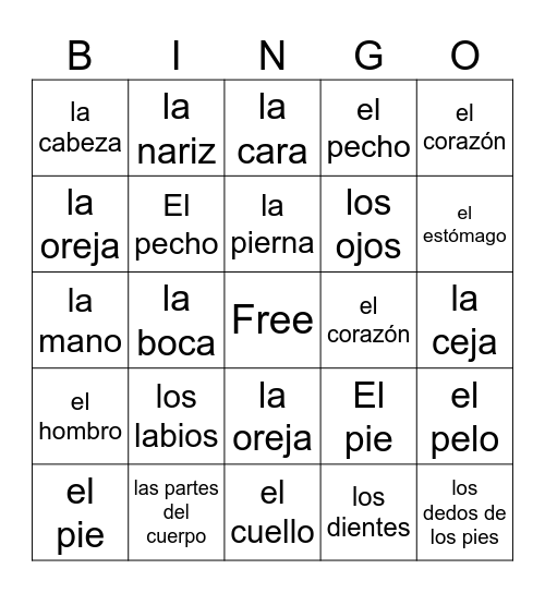 Partes del Cuerpo Bingo Card