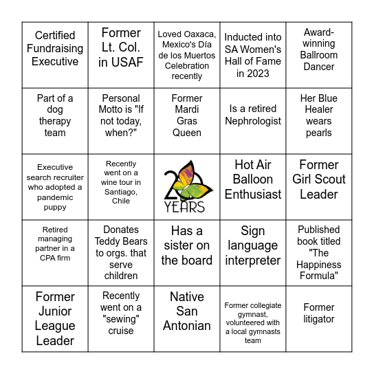 Impact San Antonio Board Member Bingo Card