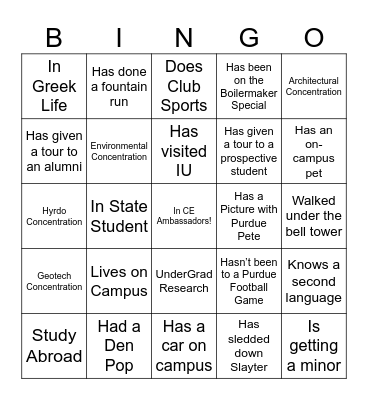 CE Ambassdor Bingo Card