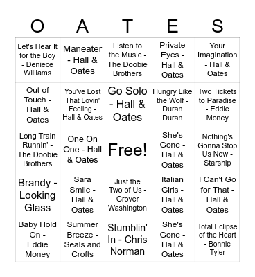 Mostly Oates Bingo Card