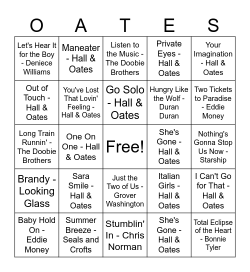 Mostly Oates Bingo Card