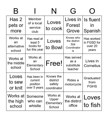 FGSD Secretary Bingo Card