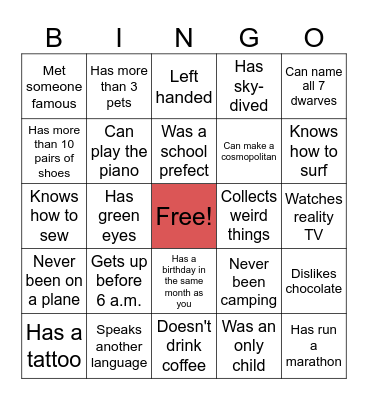 Mingle Bingo Card