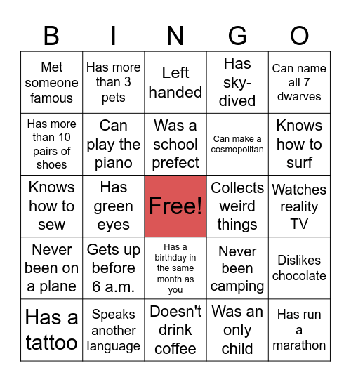 Mingle Bingo Card