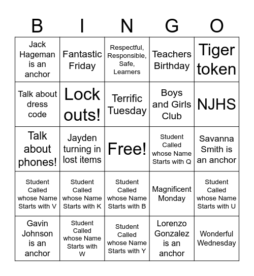 Morning Show Bingo Card