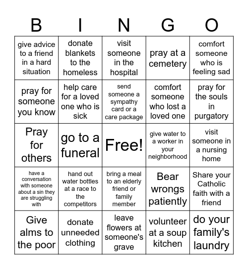 Spiritual and Corporal Works of Mercy Bingo Card