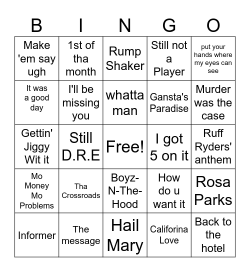 90's Rap Bingo Card