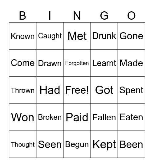 Irregular verbs Bingo Card