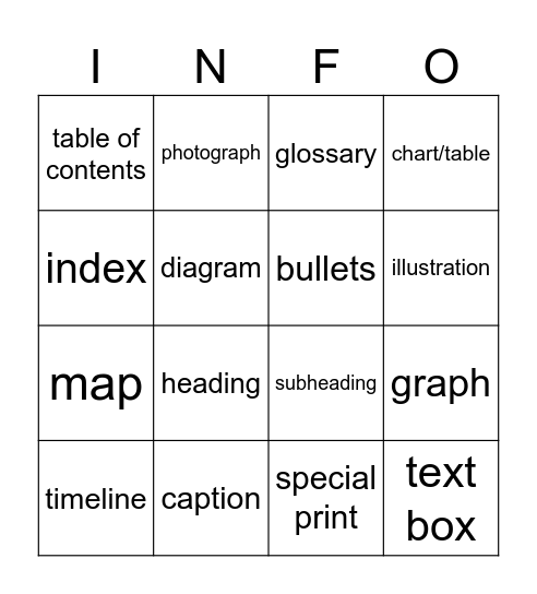 Informational Text Features Bingo Card