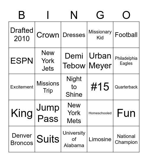 Tim Tebow Bingo Card