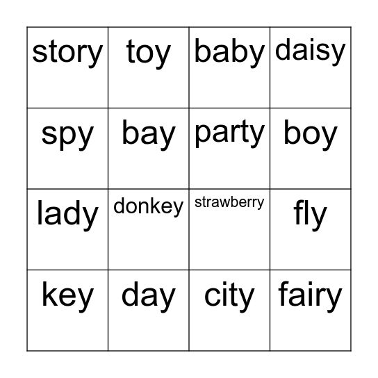 Plurals -y Bingo Card