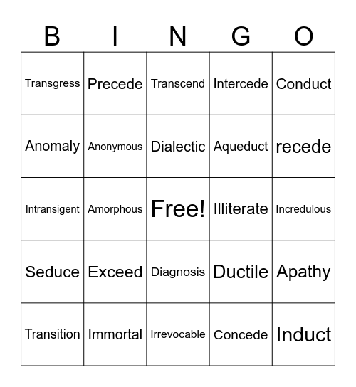 English Bingo Card